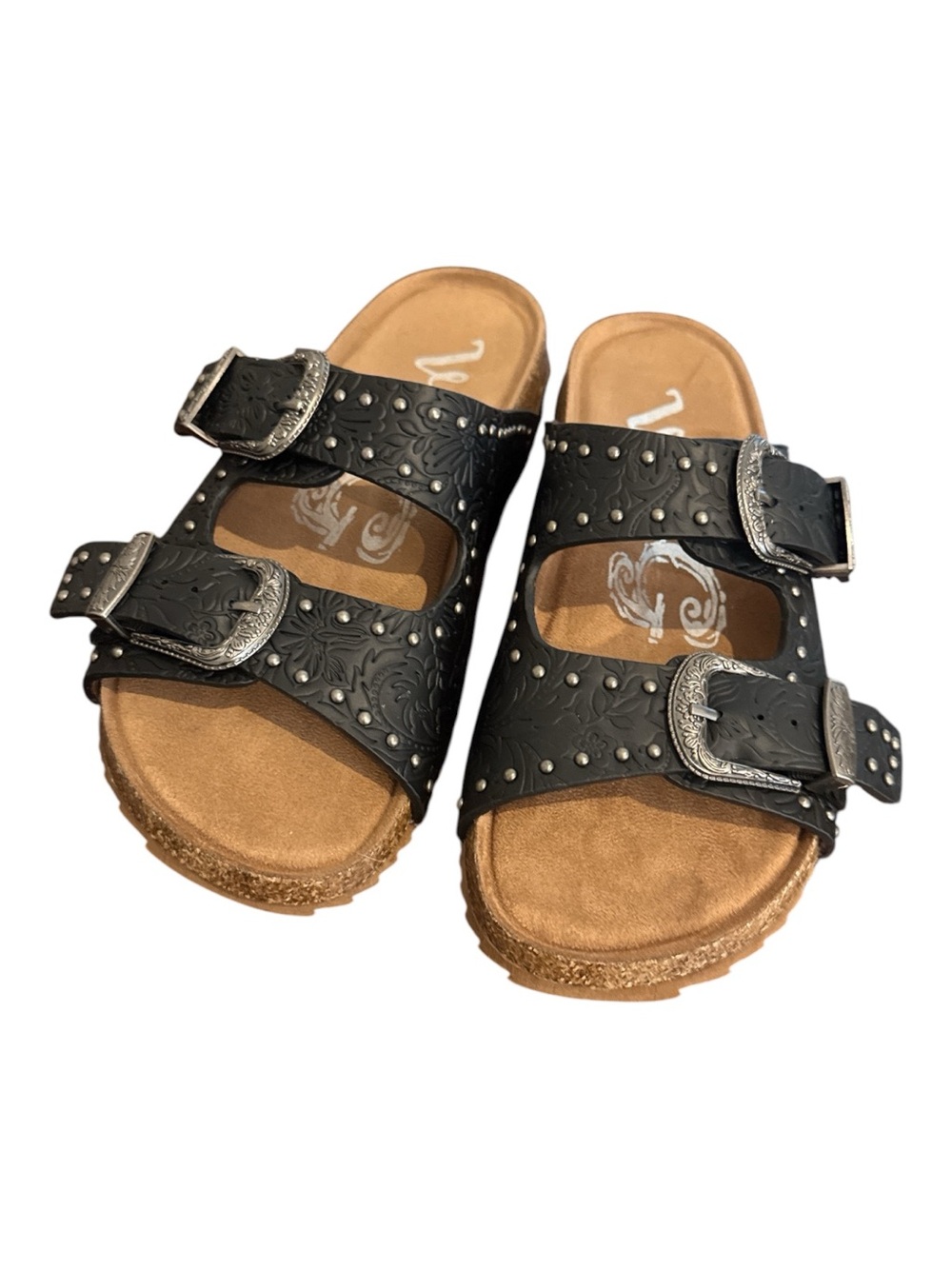 Very G Black Studded Double-Buckle Slide Sandals